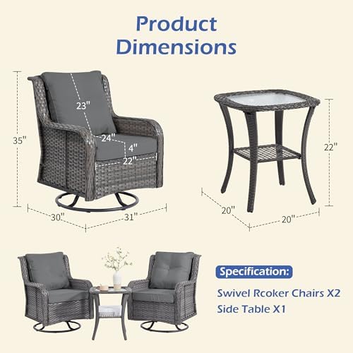 Wumiokio Patio Furniture Sets, 3 Pieces Wicker Outdoor Furniture - 360 Degree Swivel Rocking Chairs and Rattan Side Table for Garden,Porch,Backyard (Grey Wicker/Grey Cushion, 3PCS - Swivel Chairs)