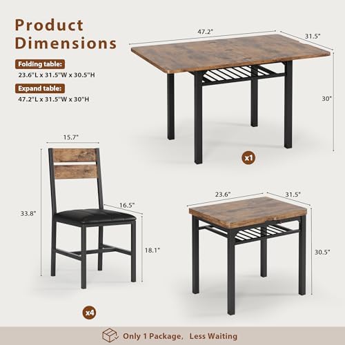 MapleGrace Extendable Dining Table Set for 4 with Built-in Shelf Rack Brown