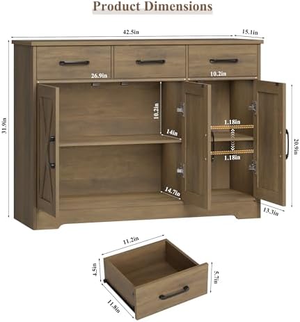 HOSTACK Kitchen Buffet Cabinet with Storage, Sideboard Coffee Bar, Brown