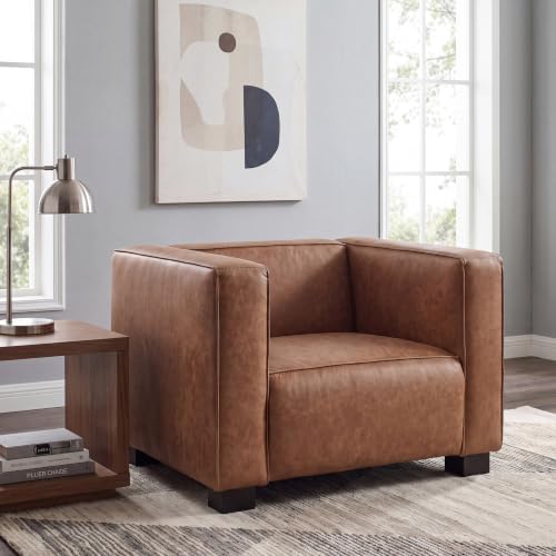 Christopher Knight Home Goyette PU Leather Upholstered Accent Chair, Modern Club Chair, Bold Boxy Silhouette Armchair, Single Sofa with Block-Leg Base, Living Room Lounge Chair Indoor, Cognac Brown
