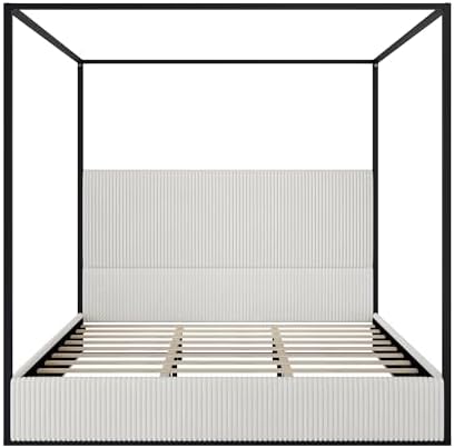 LUMISOL King Size Canopy Bed with Tall Headboard, Metal 4 Poster Bed with Wood Slats Support, Modern Corduroy Upholstered Canopy Bed Frame with Metal Posters, Black + White