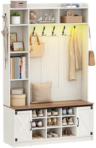 Hzuaneri 47.2" Hall Tree, LED Farmhouse Entryway Storage and Coat Rack Wood, Entryway Furniture with 7 Hooks, Hall Tree with Bench and Storage, 6 Storages Partitions Shoe Bench, Rustic White HT24514X