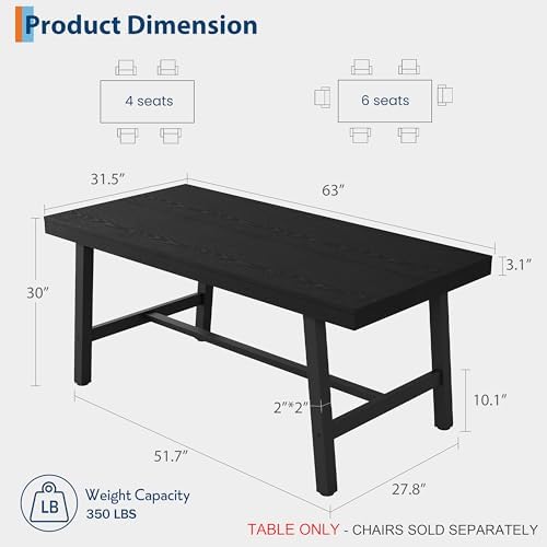 Garvee 63" Rustic Dining Table, Metal Leg Kitchen Table, Black