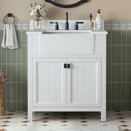 30 Inch Bathroom Vanity with Apron Farm Sink, White | Solid Wood Fully Assembled Bathroom Sink Cabinet, Farmhouse Single Sink Bathroom Vanity with Soft Close Doors, Stone Top