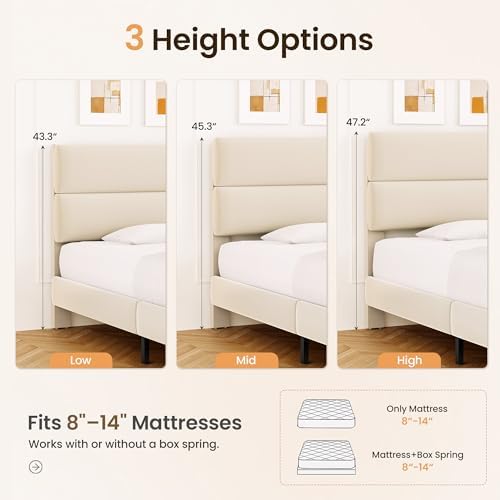 GRUSIGN Full Size Platform Bed Frame with Velvet Headboard, Adjustable Height Wooden Slats Support, Upholstered Mattress Foundation, Fits Mattress or Mattress with Box Spring, Easy Assembly, Beige