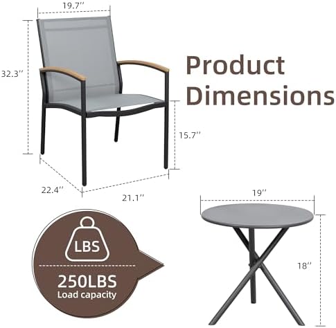 Shintenchi 3 Pieces Patio Bistro Sets, Outdoor Textilene Fabric Conversation Bistro Set, Textilene Fabric Front Porch Chairs Small Patio Furniture Set with Table for Lawn,Garden,Balcony (Grey)
