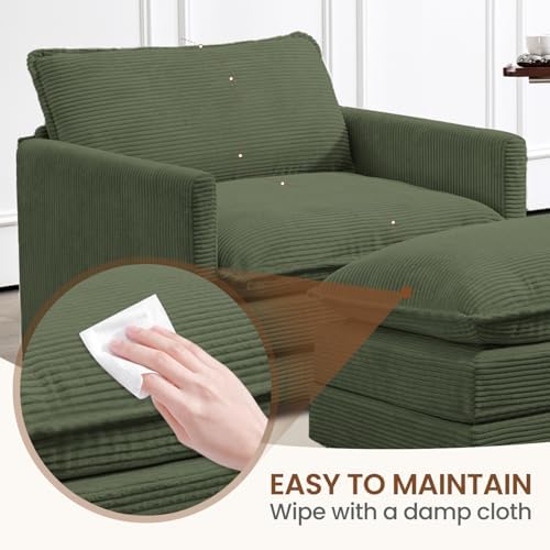 ROWHY 41'' Single Armchair with Ottoman, Modern Corduroy Cloud Couch with Convertible Chaise, Upholstered Sofa Set for Living Room, Green