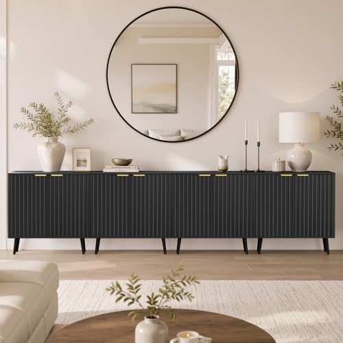 Set of 4 Fluted Storage Cabinet, Buffet Cabinet with Storage, Wood Sideboard with Adjustable Shelf, Modern Accent Cabinet & Console Table for Entryway, Living Room, Dining Room, Black
