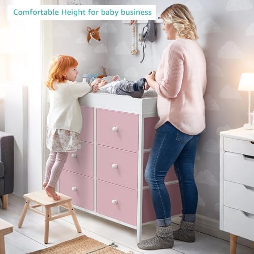 BOLUO Changing Table Dresser with 6 Fabric Drawers, Baby Dresser with Changing Table Top Diaper Changing Station with Storage for Nursery Modern Pink