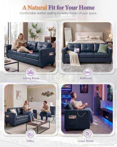 TYBOATLE Faux Leather Blue Couch with USB, 3-Seater Sofa for Living Room