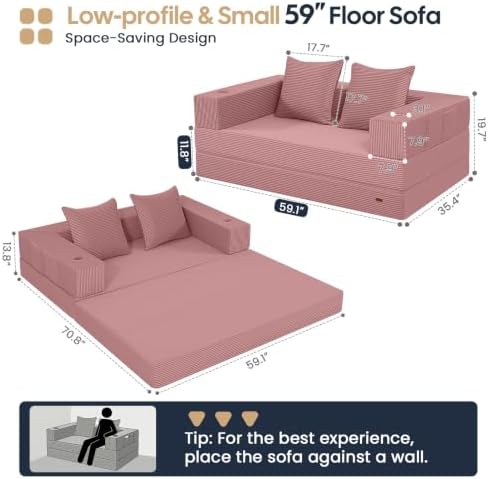 COMAX Boneless Futon Sofa Bed, 59" Small Low-Profile Floor Couch, Pink
