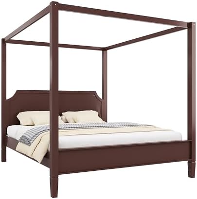 Queen Size Wood Canopy Bed Frame, Walnut Vintage Four-Posters Platform Bed Frames with Headboard, 10-Slat Support Wooden Post Beds, 8" Under Bed Storage, Easy Assembly (Walnut, Queen, 77"H)