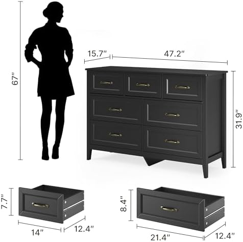 Gizoon 3PC Bedroom Furniture Set, 7 Chest of Drawers & 2 Nightstands with Charging Station, USB Type-C Outlet, Farmhouse Bedside Table Combo, Black Bedroom Set
