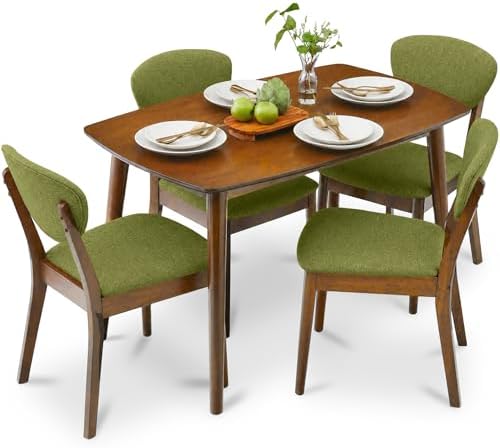 Best Choice Products 5-Piece Dining Set, Compact Mid-Century Modern Table & Chair Set for Home, Apartment w/ 4 Chairs, Padded Seats & Backrests, Wooden Frame - Walnut/Olive Green