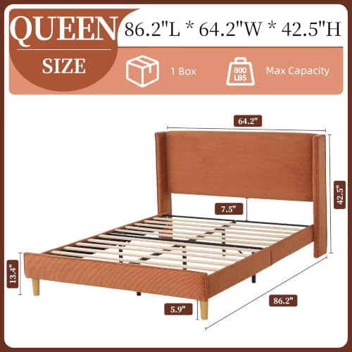 Queen Corduroy Upholstered Platform Bed with Headboard Wingback, Ocher