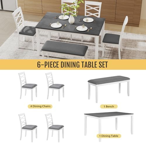 Zevemomo 6-Piece Solid Wood Dining Table Set, Grey & White