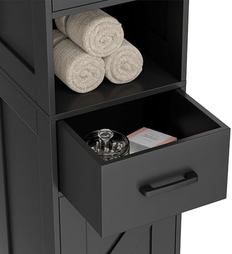 Homhedy 67" H Tall Bathroom Storage Cabinet with Barn Doors and Drawer | Narrow Storage Unit with Adjustable Shelves, Floor Cabinet for Bathroom, Living Room, Entryway or Kitchen, Black, 11.8" W