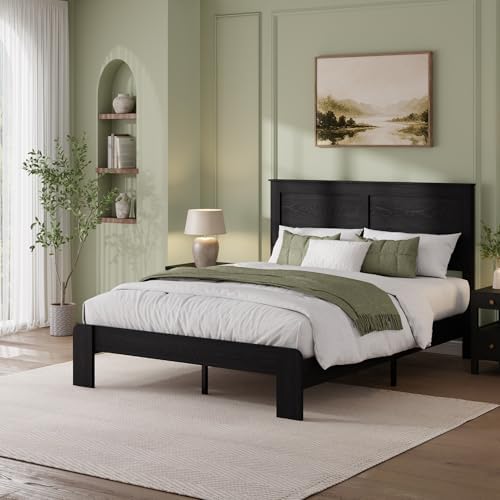 Queen Size Black Farmhouse Wood Bed Frame with Panel Headboard