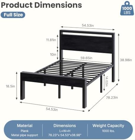 Sweetcrispy 14 Inch Full Metal Bed Frame with Wood Headboard, Black