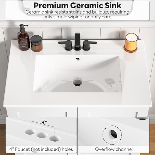 LIKIMIO 30" Bathroom Vanity with Sink, 2 Soft-Close Doors, White | Freestanding Bathroom Vanity, Integrated Ceramic Sink, Modern Bathroom Storage Cabinet for Small Bathroom, Easy Assembly