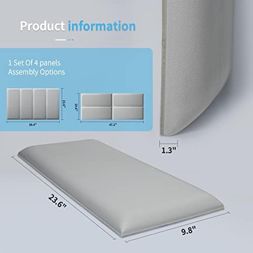 Art3d 4-Pack Peel and Stick Upholstered Headboard, 9.85 x 23.62 in, Grey