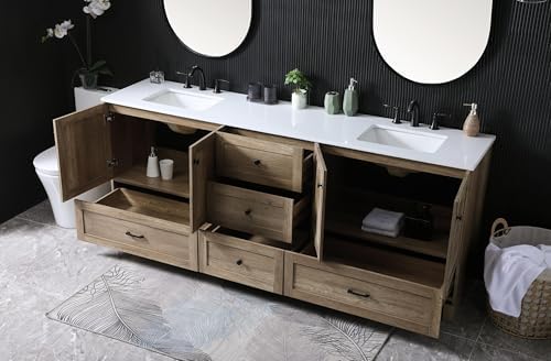 84" Pre-Assembled Bathroom Vanity with Sink, Engineered Wood, Ivory White Engineered Marble Countertop Attached, Double Rectangle Porcelain Sink, 5 Soft-Close Drawers, Natural Oak
