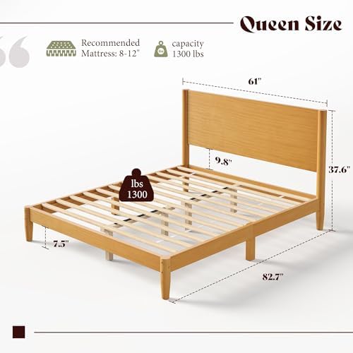 AMERLIFE Solid Wood Queen Bed Frame, Mid Century Bed with Headboard, Yellow