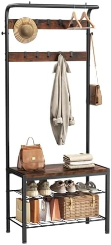 Hall Tree with Bench and Shoe Storage, 4-in-1 Entryway Organizer with 10 Hooks and Storage Shelf,Coat Rack Freestanding with 2-Tier Storage Shelf for Living Room, Bedroom Rustic