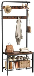 Hall Tree with Bench and Shoe Storage, 4-in-1 Entryway Organizer with 10 Hooks and Storage Shelf,Coat Rack Freestanding with 2-Tier Storage Shelf for Living Room, Bedroom Rustic