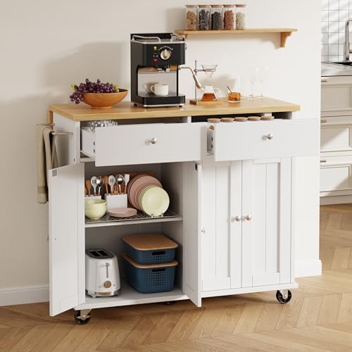 Shintenchi Kitchen Island with Drop Leaf, Rolling Kitchen Cart with Storage on Wheels, Table Bar Cart for Kitchen with Towel Rack & Seating Area for Dining Room, White