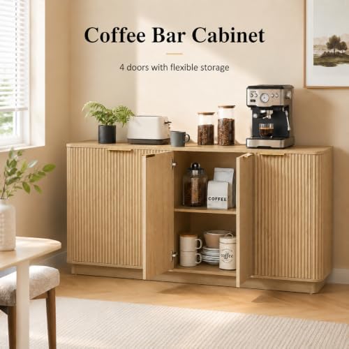 USHOWER 63" Fluted Buffet Cabinet with Storage, Wooden Sideboard, Oak