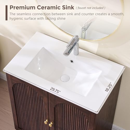 IFBUY 30 Inch Arched Bathroom Vanity with Sink, Fluted Design, Dark Walnut | Modern Bathroom Vanity Cabinet w/Adjustable Storage Shelf, Freestanding Single Bathroom Vanity w/Ceramic Basin, Space-Saving