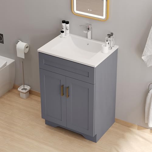 24 Inch Bathroom Vanity with Sink, Bathroom Storage Vanity Cabinet for Small Space, Bathroom Vanity with 2 Doors, Modern Freestanding Vanity Sink (Grey)