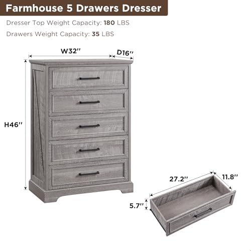 ACCOHOHO Farmhouse 5 Drawers Dresser Chests for Bedroom, Gray