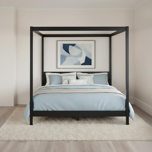 Solid Pine Canopy Bed Frame, King — Matte Black Painted Finish