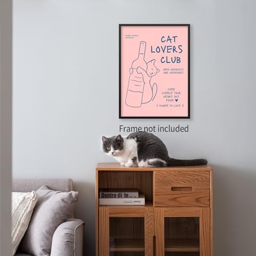 OMANI Cute Cat Alcohol Bottle Wall Art Funky Pink and Blue Aesthetic Poster Cat Lovers Club Canvas Prints Bar Cart Wall Decor for Home Bar Kitchen Bedroom 16x24 inch Unframed