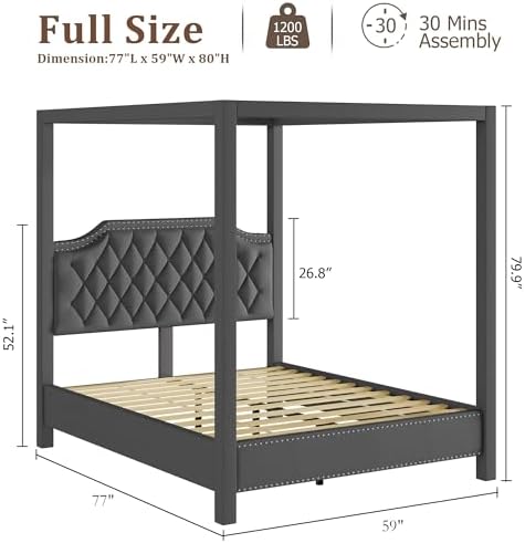 GarveeHome Upholstered Canopy Bed Full Size with Button Tufted Headboard