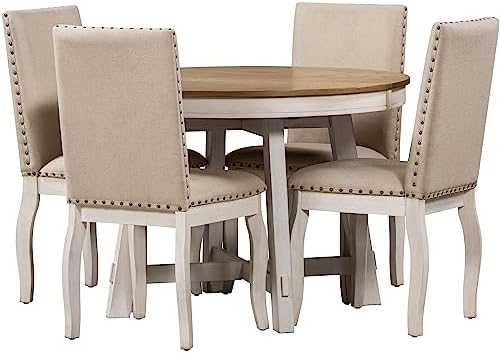 Harper & Bright Designs TREXM 5-Piece Farmhouse Dining Table Set Wood Round Extendable Dining Table and 4 Upholstered Dining Chairs (Oak Natural Wood + Antique White)