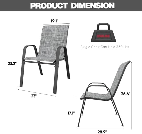 Patio Chairs Set of 4, Stackable Outdoor Dining Chairs for All Weather Textilene Fabric & Metal Frame, Outdoor Chairs Set for Backyard Deck Garden (Grey, Set of 4)