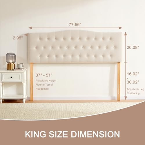 Tufted Headboard King Size, Solid Wood Adjustable Height Head Board, Beige
