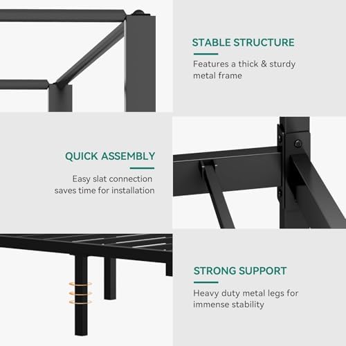 YITAHOME Canopy Bed Frame, Four Poster Platform Bed with USB Charging Station, Metal Bed Frame with Slats Support, 12.4 inch Underbed Storage, No Box Spring Needed, Black, Queen Size