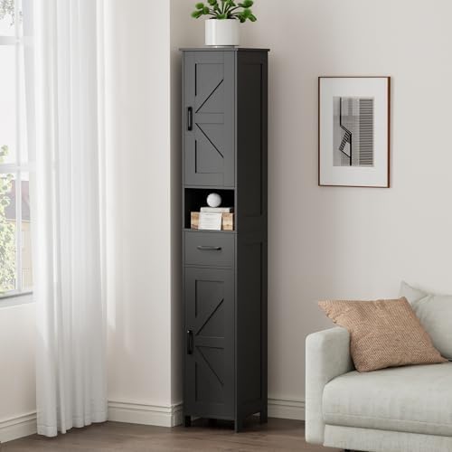 Homhedy 67" H Tall Bathroom Storage Cabinet with Barn Doors and Drawer | Narrow Storage Unit with Adjustable Shelves, Floor Cabinet for Bathroom, Living Room, Entryway or Kitchen, Black, 11.8" W