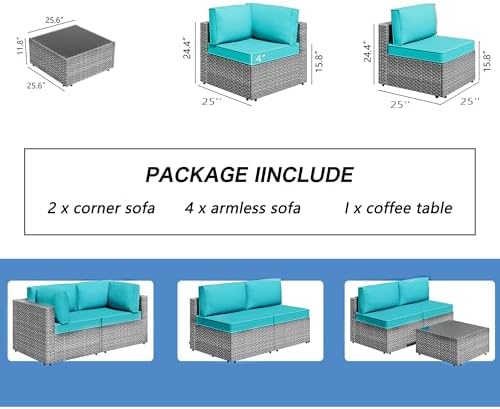 Shintenchi 7 Piece Outdoor Patio Furniture Set with Silver Rattan, Blue