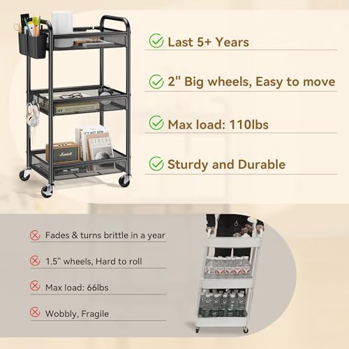 YASONIC 3 Tier Metal Rolling Cart, Black Utility Storage Cart with Wheels