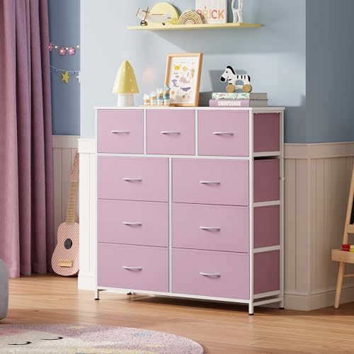 WLIVE 9 Drawer Dresser for Bedroom, Tall Chest of Drawers, A-Pink