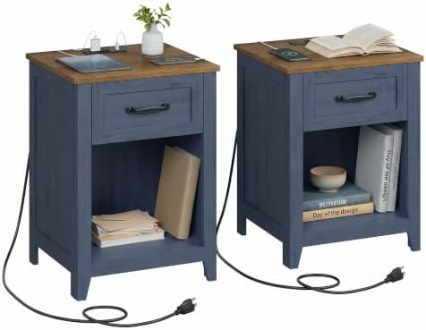 VASAGLE Farmhouse Nightstands with Charging Station, 1 Drawer, Set of 2
