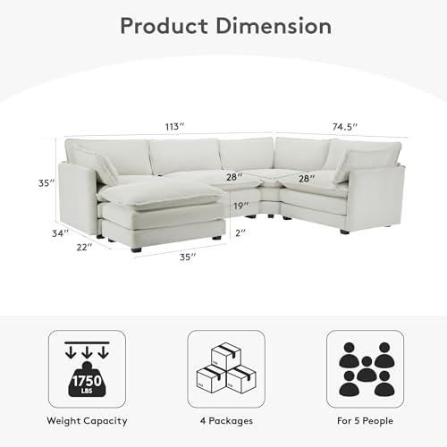 ROWHY 113'' Modular Sectional Cloud Couch, 5 Seater Corner Sofa Big Comfy Corduroy Oversized L Shaped Couch with 2 Pillows, Ottoman, Deep Seat Sectional Couches for Living Room, Light Grey