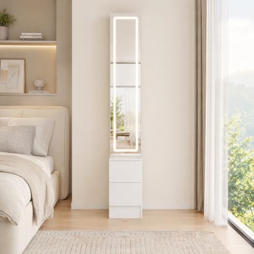 LED Full Length Mirror Jewelry Cabinet with Storage, 3 Color Adjustable Lighting Dressing Mirror Armoire, Large Standing Vanity Mirror Organizer Cabinet for Makeup & Jewelry Storage (White)