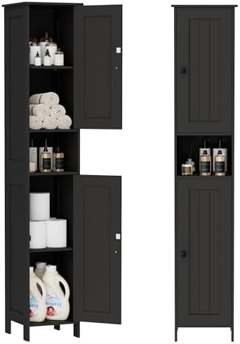 Homleke Tall Bathroom Storage Cabinet with 2 Doors, Slim Bathroom Cabinet | Narrow Storage Cabinet with Adjustable Shelves, Reversible Door, Easy Assembly, for Bathroom, Living Room, Black, 11.8''W