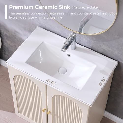 IFBUY 30 Inch Arched Bathroom Vanity with Sink, Modern Fluted Design, Cream | Bathroom Vanity Cabinet w/Adjustable Storage Shelf, Freestanding Single Bathroom Vanity w/Ceramic Basin, Space-Saving